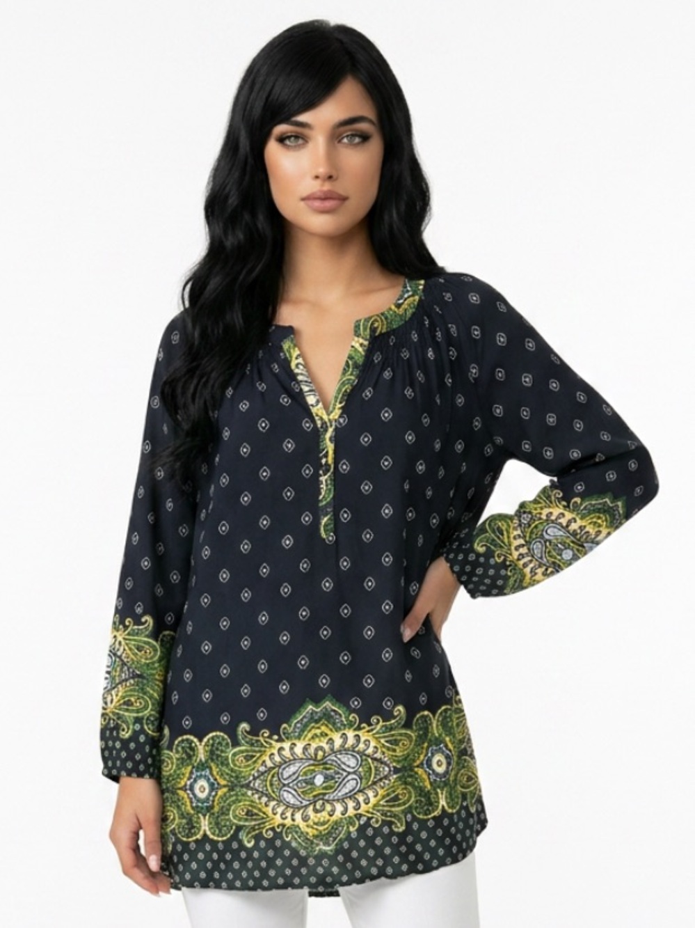 CATO Peasant Tunic Blouse Plus Henley Navy Green Gold Lightweight
